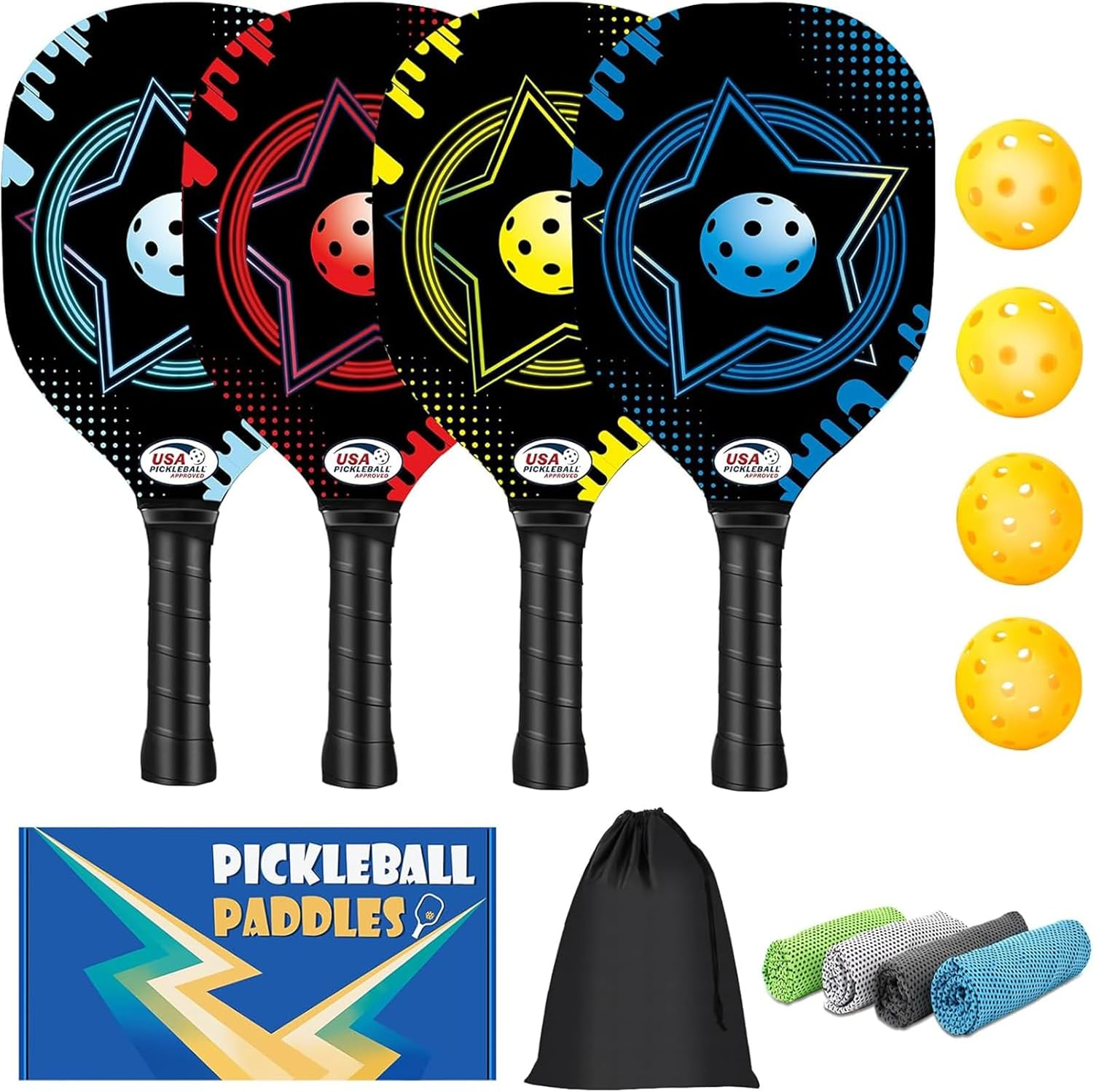 Pickleball Set with 4 Premium Wood Paddles, Cushion Comfort Grip, 4 Cooling Towels, 4 Pickleball Balls & Carry Bag, Gifts for Men Women image number 1