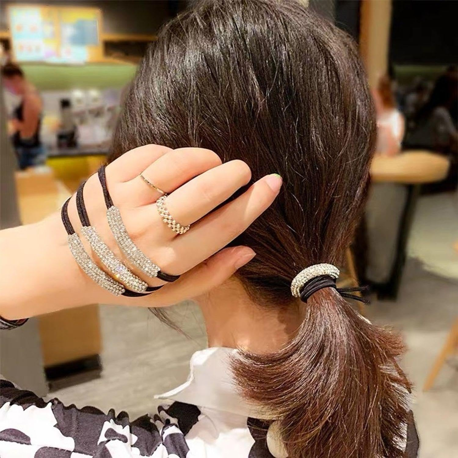 2 Pieces Rhinestone Hair Clips with 2 Pieces Rhinestone Hair Ties Teardrop Side Clips Glitter Pony Hair Accessories Duck Bill Hair Clips Girls Hair Accessories image number 3