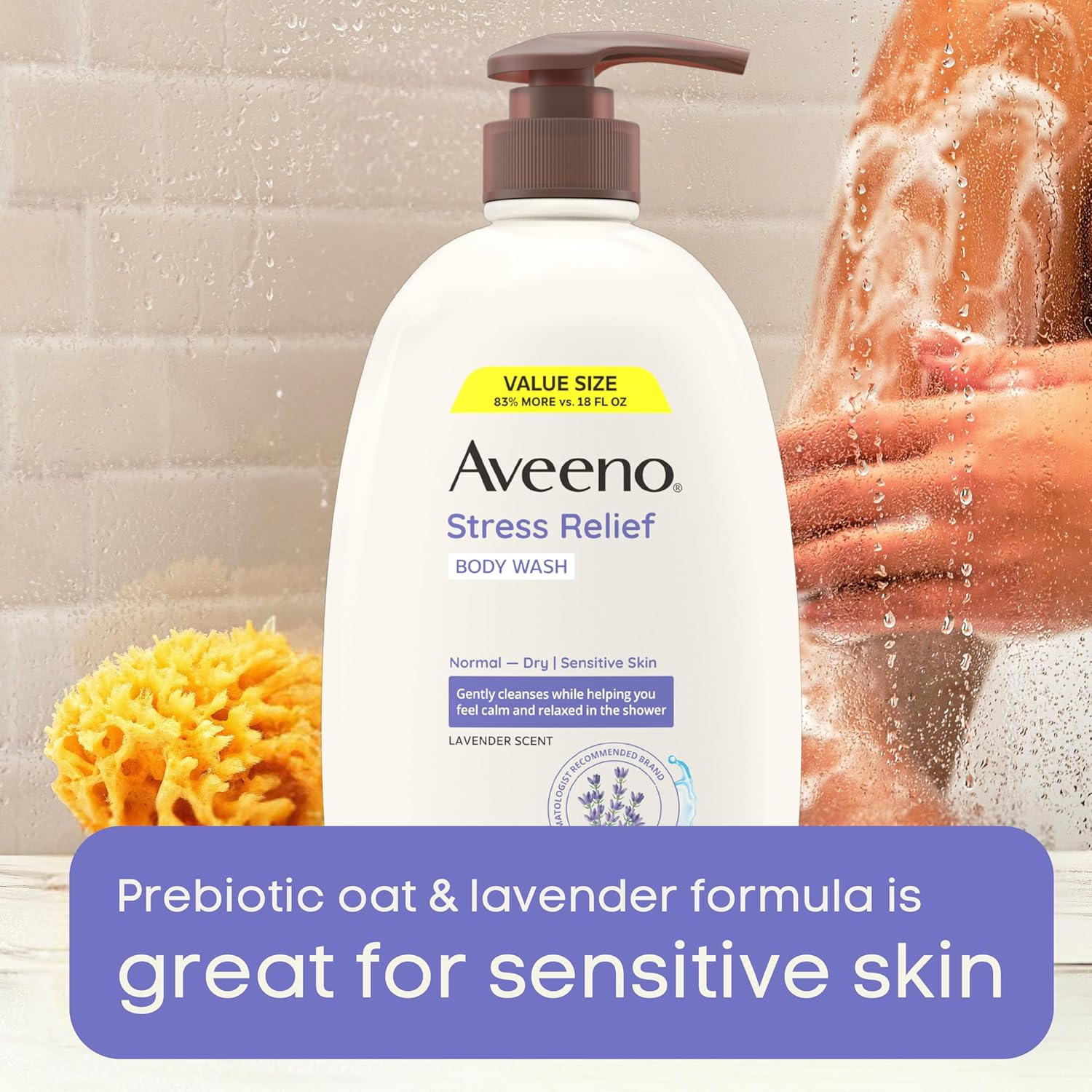 Aveeno Stress Relief Body Wash with Nourishing Oat & Lavender Scent for Sensitive Skin, Gently Cleanses & Helps You Feel Calm & Relaxed in the Shower, Soap-Free, 33 Fl. Oz image number 1