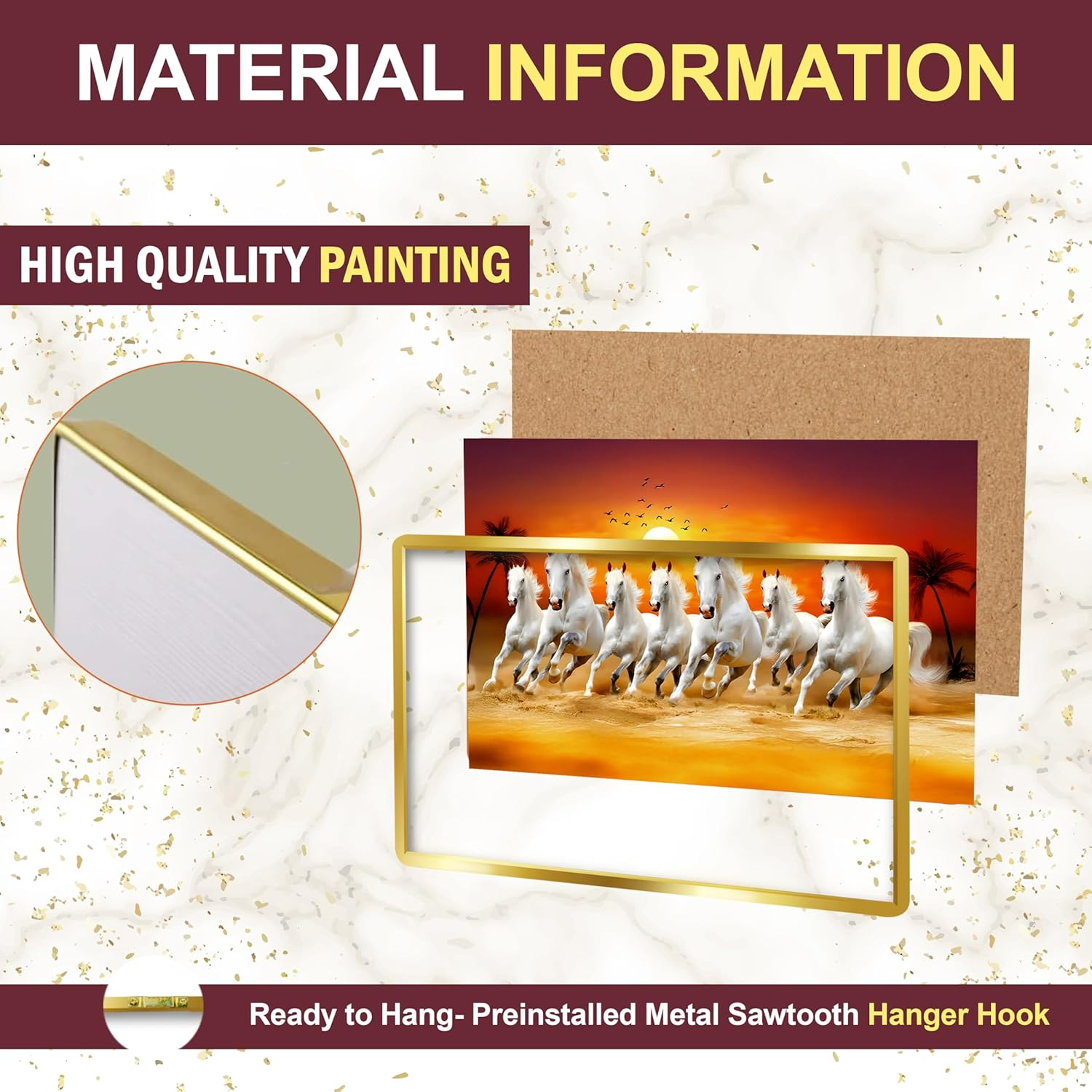 Rousrie 7 Horses Realistic Painting with Frame for Wall Vastu | Seven Running Horse Painting for Wall Decor Living Room Decoration | Big Size Photo Frame | 47 by 32 Cm