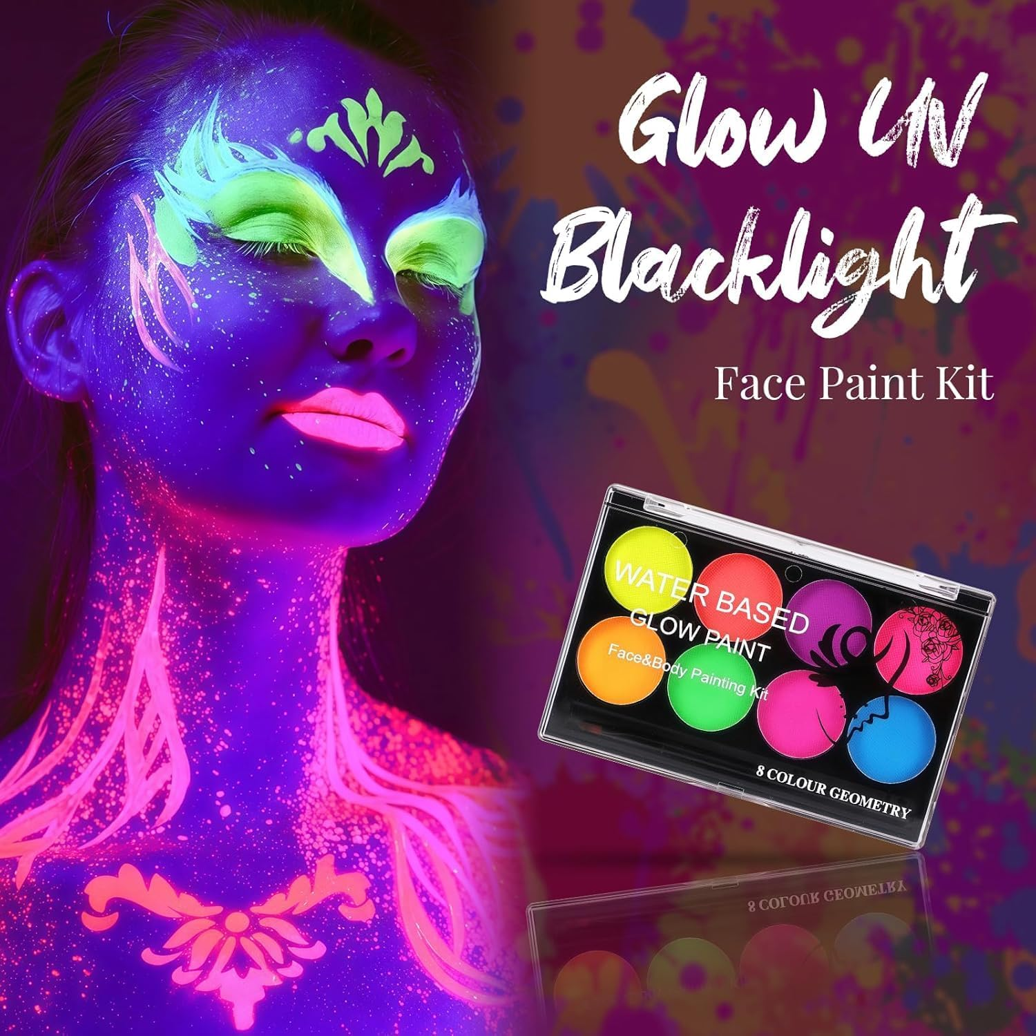 YBUETE 8 Colors UV Black Light Face Paint Palette, Glow in the UV Blacklight Body Paint,8 Colors Neon Fluorescent Body Paint Palette for Halloween Makeup, Cosplay Party, SFX Makeup Palette with Brush image number 2