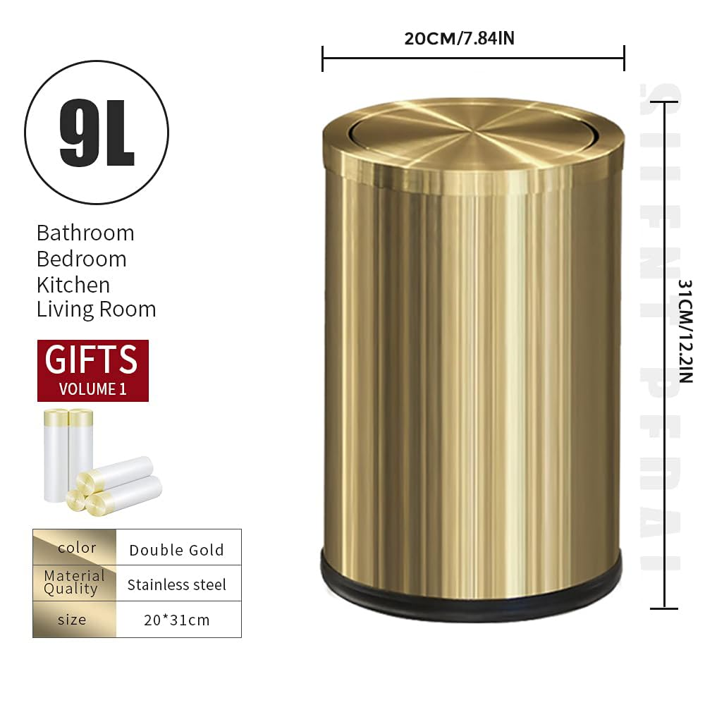 LEASYLIFE Antique Gold Trash Can with Lid - 2.4 Gallon Small Bathroom Garbage Can, Flipping Lid for Bathroom, Laundry, Hotel, Office - Metallic Gold (Single) image number 5