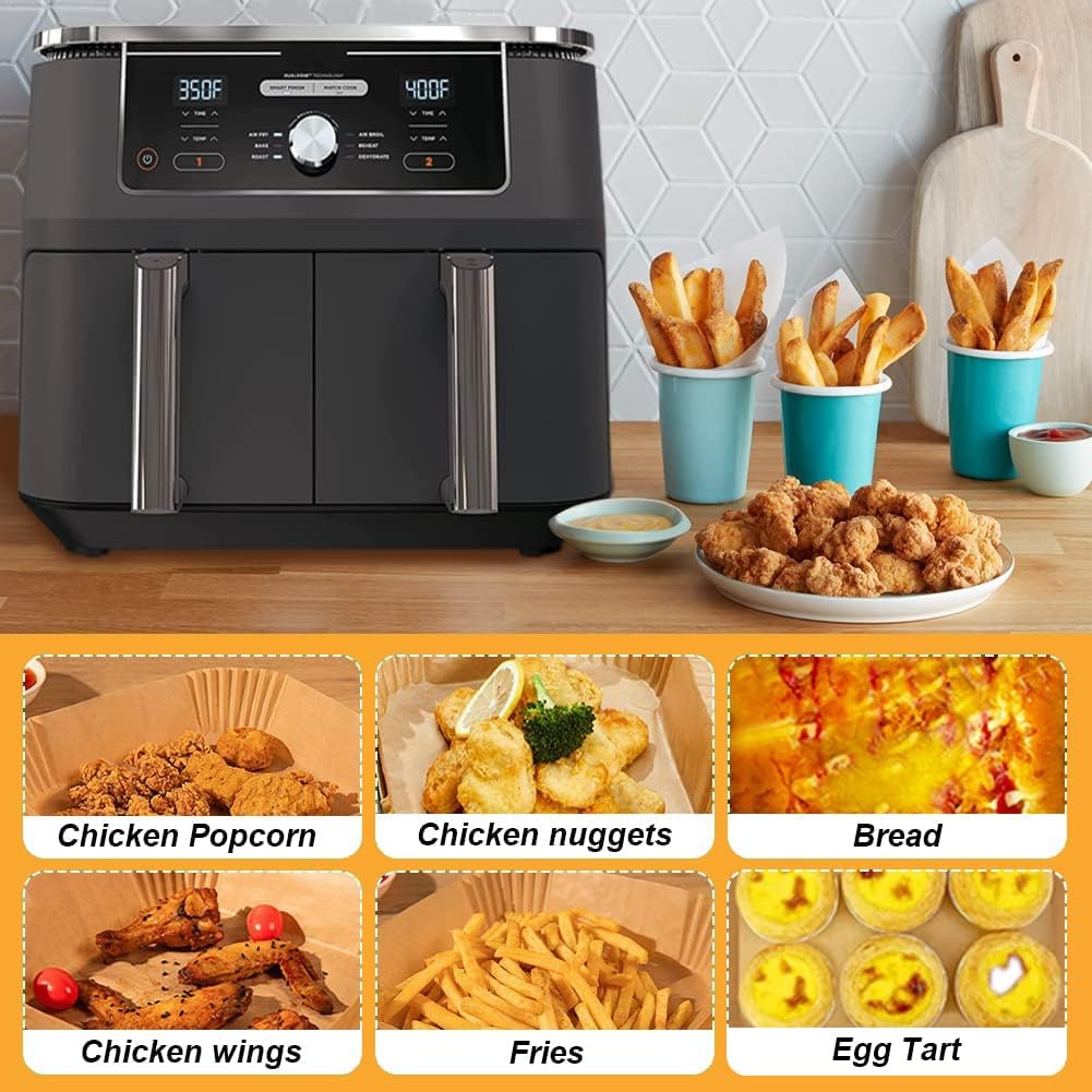Air Fryer Disposable Paper Liner for Ninja Dual,100Pcs Non-Stick Air Fryer Liners Rectangle 8.6X5.5In,Compatible with Ninja AF300UK AF400UK, Salter and Other Dual Zone Air Fryer. image number 6