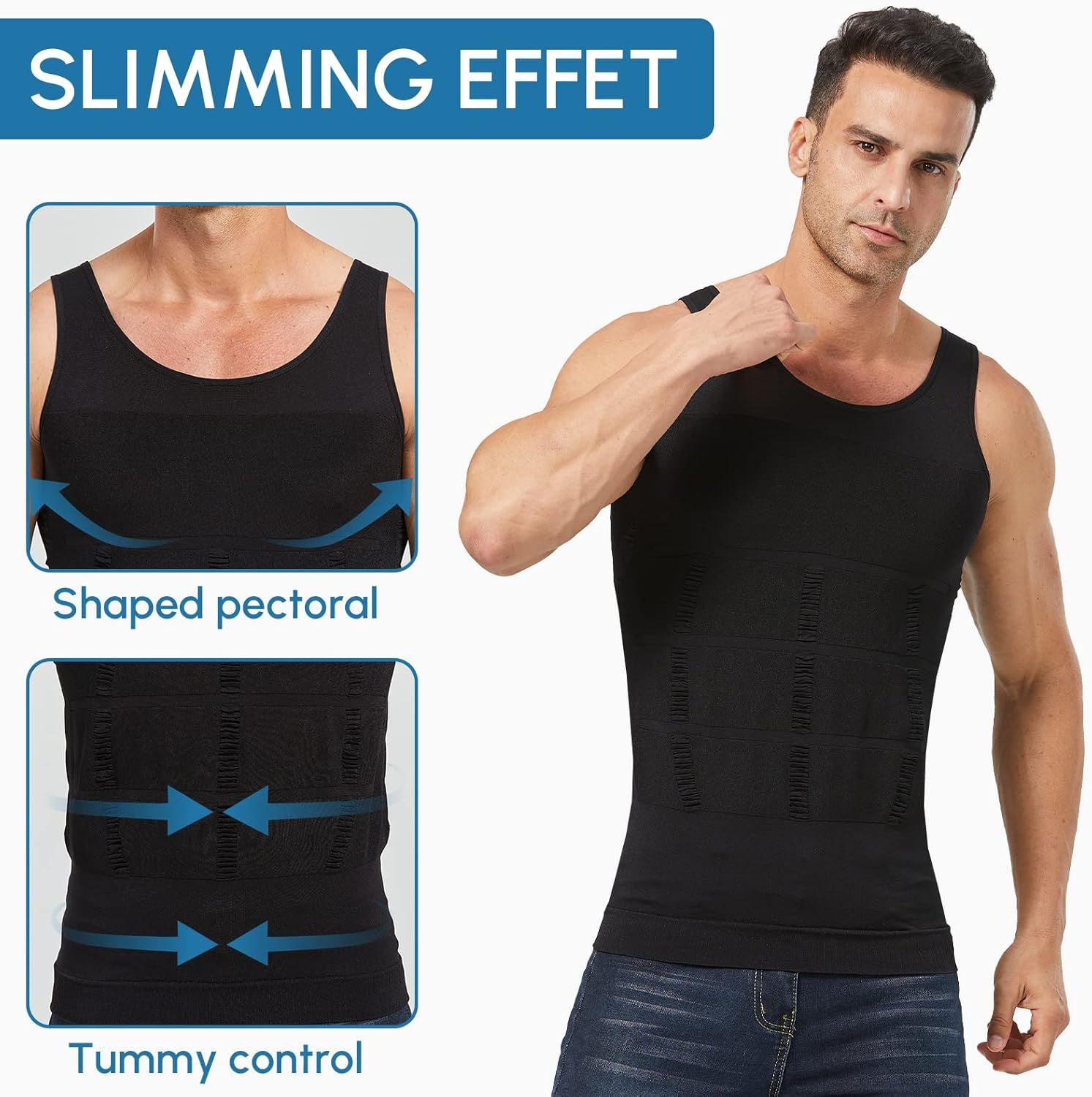 Men'S Shaper Slimming Undershirts T-Shirt Elastic Body Sculpting Vest Black Color image number 6