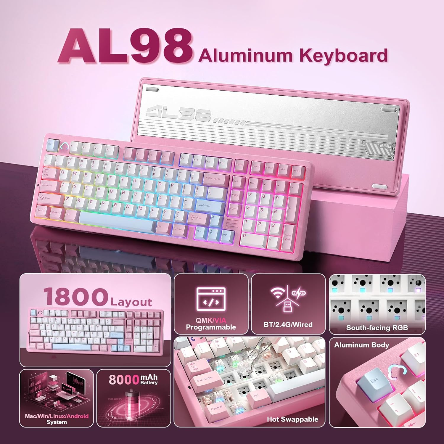 YUNZII AL98 QMK/VIA Wireless Mechanical Gaming Keyboard, Full Aluminum, BT/2.4G/USB-C, Pre-Lubed Hot Swappable Gasket Mount 1800 Layout, RGB Backlit for Win/Mac (Pink, Cocoa Cream V2 Switch) image number 2