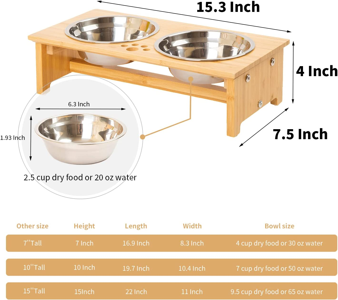 FOREYY Raised Pet Bowls for Cats and Small Dogs, Bamboo Elevated Dog Cat Food and Water Bowls Stand Feeder with 2 Stainless Steel Bowls and anti Slip Feet (4'' Tall-20 Oz Bowl) image number 3