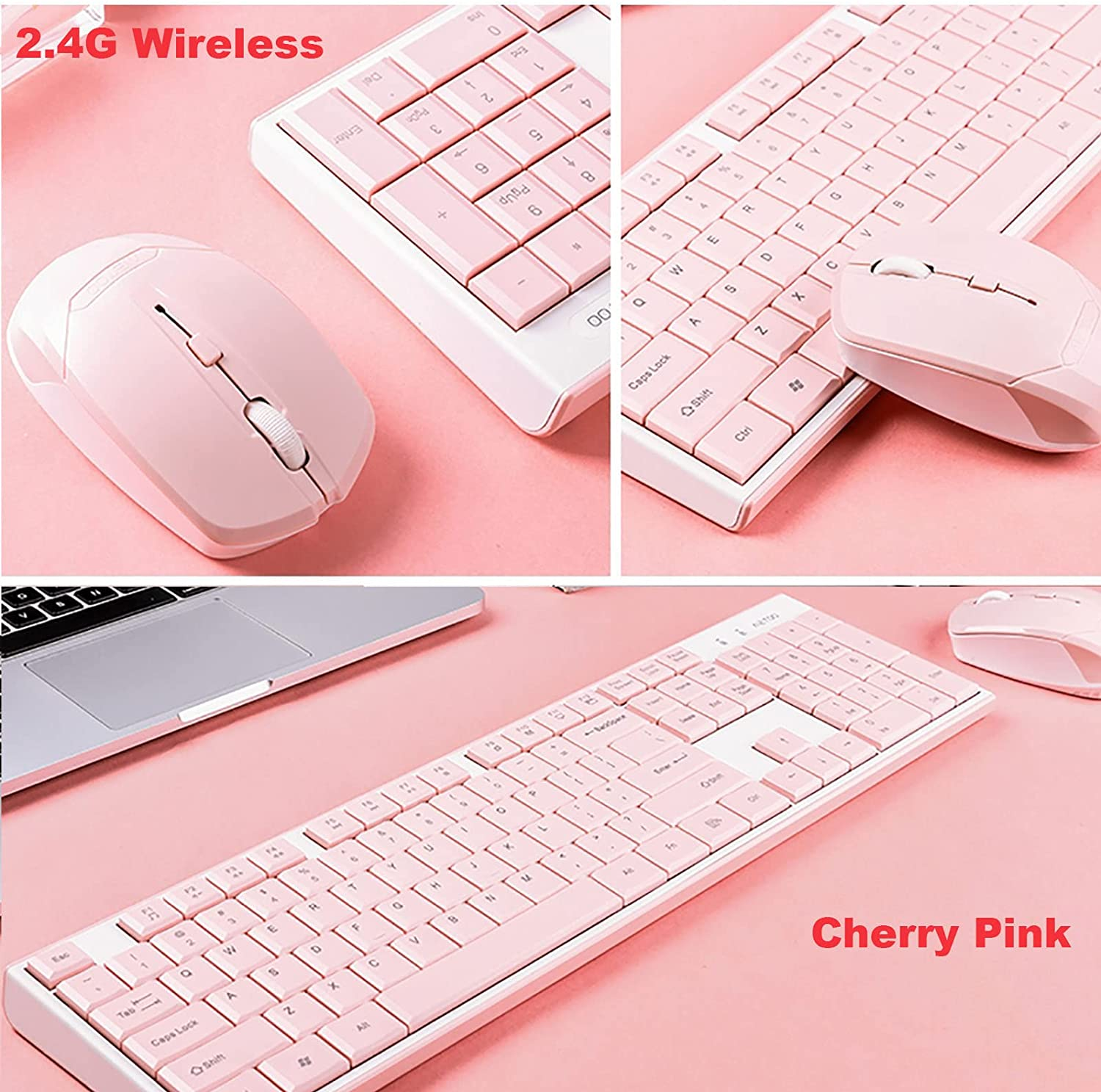 Wireless Keyboard Mouse Combo, Full Sized 2.4G Cordless Keyboard with Silent Chocolate Keys Multimedia, Ultra-Thin Cute Keyboard and 1600Dpi Mouse Set for Computer PC Laptop (Pink) - Green image number 7