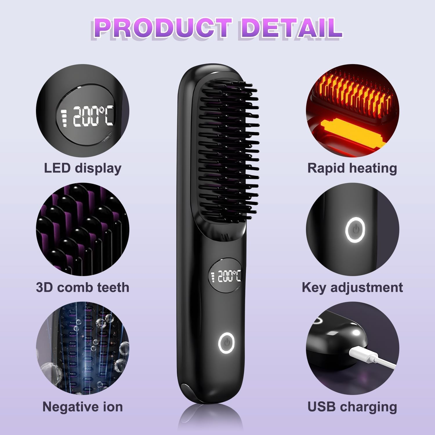 Hair Straightener Brush Cordless, Mini Hair Straightening Brush with USB Rechargeable, LED Display, Fast Heating, Portable Heating Brush for Travel, Mini Hot Ionic Straightener Comb for Women, Pink - Black image number 4
