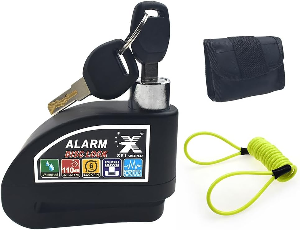 Australian Owned Local Warranty Black 110DB Motorcycle Wheel Disc Brake Lock with Alarm | 1.5M Yellow Remind Cable | Carrying Pouch Anti-Theft Waterproof Padlock for Motorcycle Bike Scooter image number 1