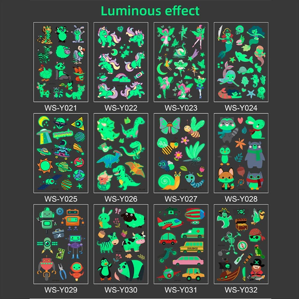 30 Sheets Luminous Tattoo Stickers,Lot Luminous Tattoo Face Temporary Color Unicorn Mermaid Dinosaur Tattoo Child Cute Tattoo Sticker Body Tattoo for Kids image number 3