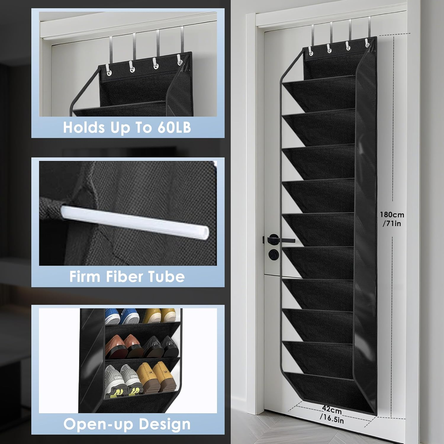 Ipow 10-Tier over the Door Shoe Organiser Storage, 180X42Cm Oxford Fabric Rack with 1200G Cardboard, Heavy Duty Space Saving Storage for Sneakers image number 5