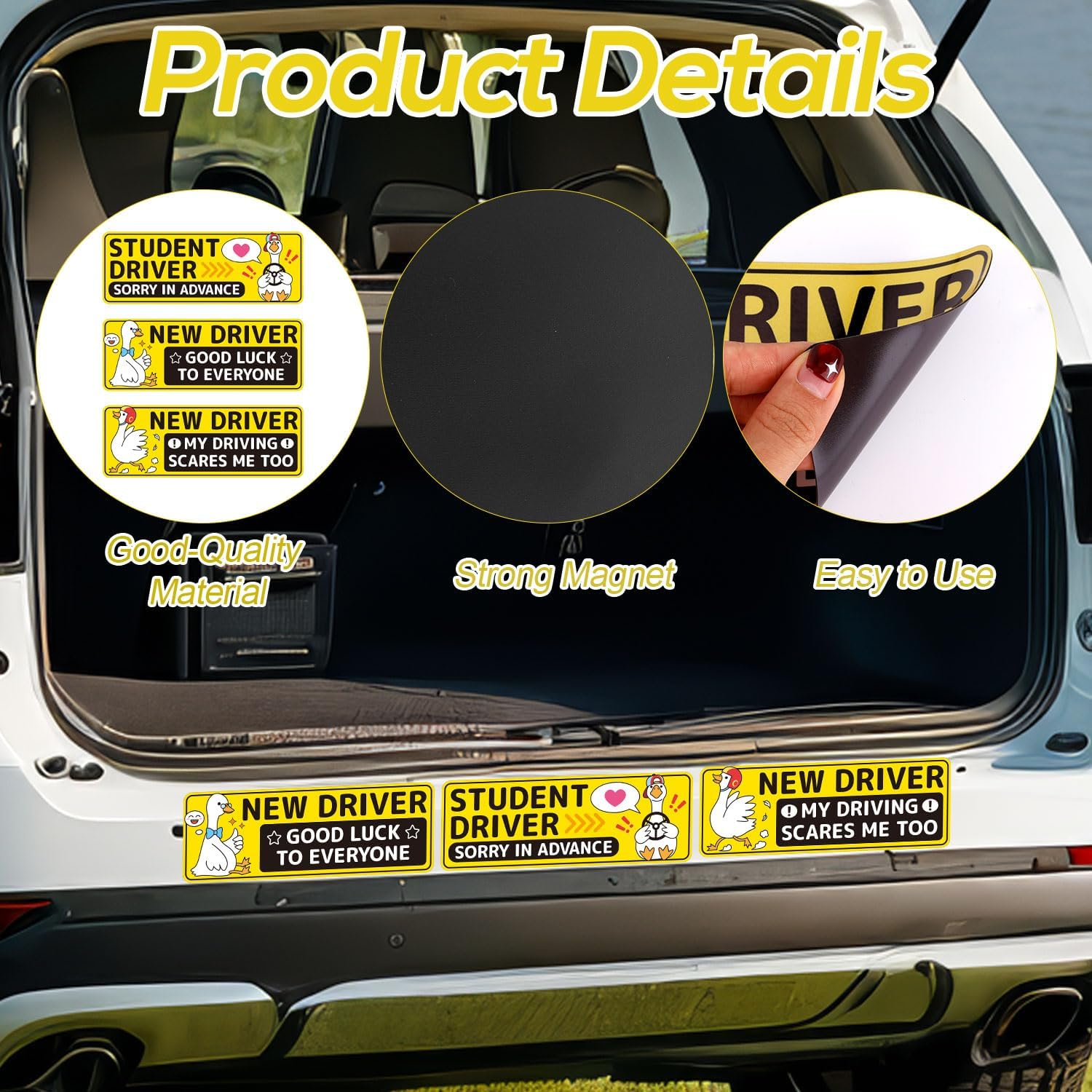 3Pcs New Driver Car Magnet, 9.84X3.54In/25X9Cm Cute Cartoon Goose Student Driver Safety Magnet Reflective Bumper Sticker image number 5
