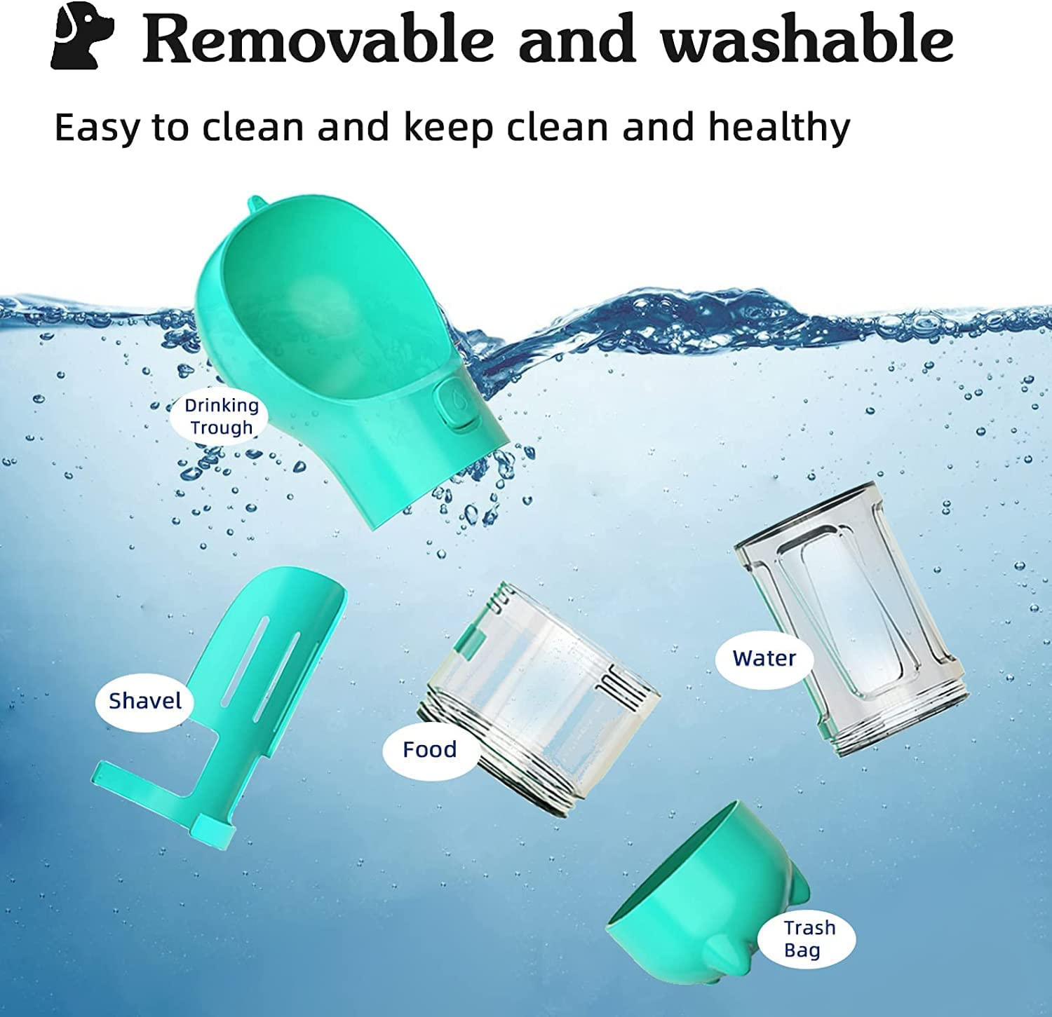 Dog Water Bottle 4 in 1 Portable Pet Water Bowl Dispenser with Dog Whistle, Pet Travel 10OZ (300ML) Water Cup with Food Container, Poop Collection Shovel, Garbage Bag for Dogs Cats Walking and Travel