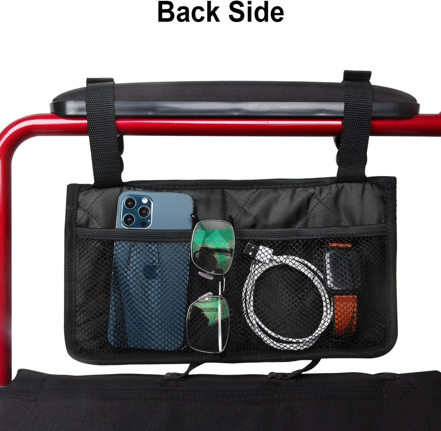 Wheelchair Bag with Adjustable Straps, 12.5" X 7" (32 Cm X 18 Cm) Storage Organizer Pouch, Fits Most Wheelchairs, Walkers, Rollators and Mobility Scooters, Black, Damaill