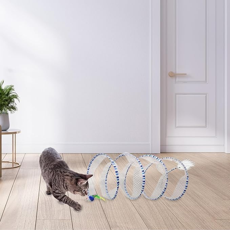 Andiker Cat Tunnel Toy, 10 Inch Foldable Metal Cat Feather Toy with Nylon Net, Feather, Mouse and Bell, Interactive Cat Toy for Indoor Cats (Yellow) image number 1