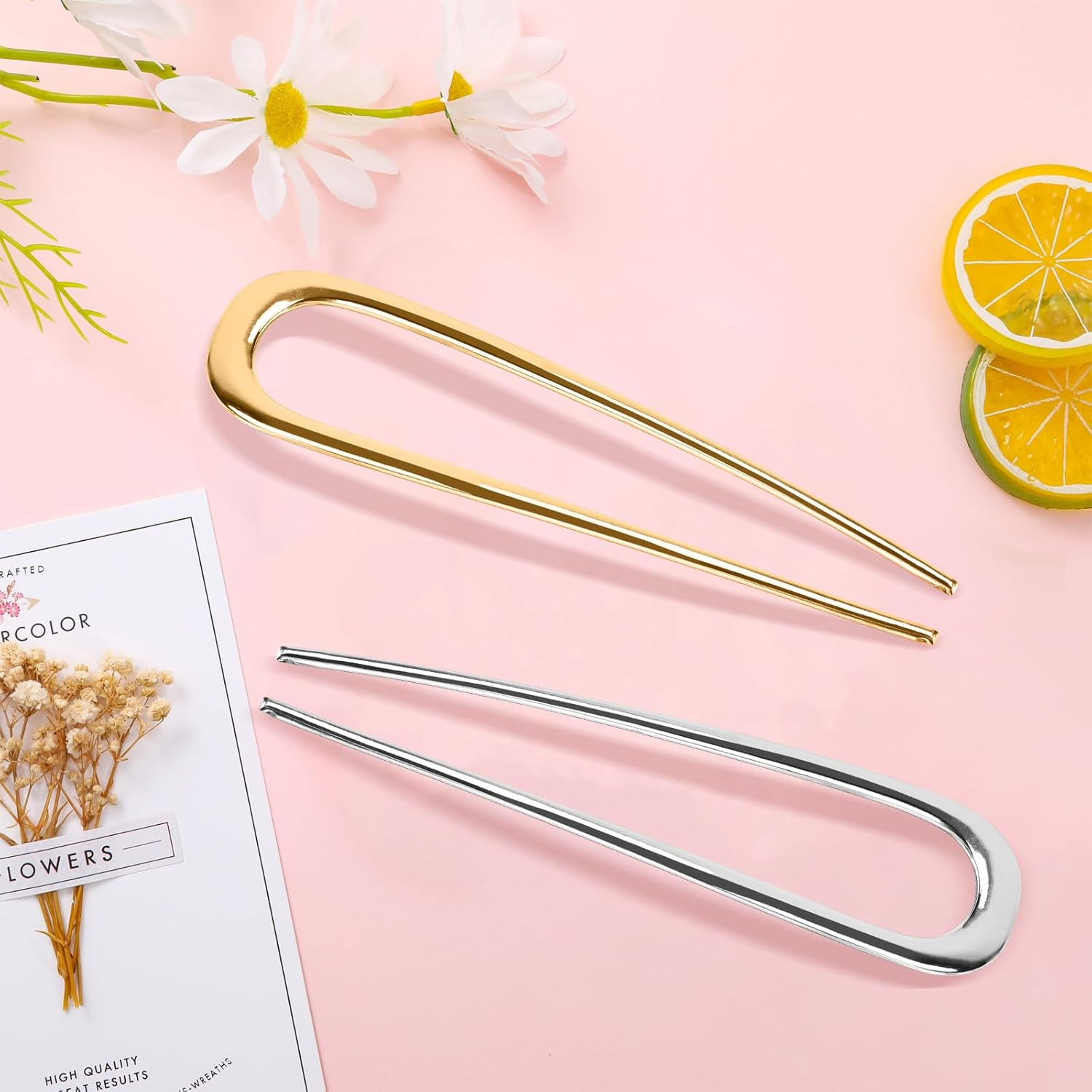 Pack of 2 U-Shaped Hair Pins, French Hair Pins, Large, U-Shaped French Hair Pin Made of Metal, Hair Bow, Hair Fork, Hair Sticks, Hair Accessories for All Hair Types of Women and Girls (Gold, Silver) image number 2