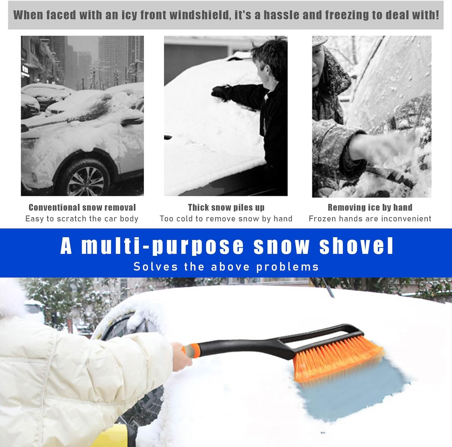 Augeny 27'' Ice Car Snow Brush and Ice Scraper, Detachable Scratch Free Snow Brush with Comfortable Foam Grip, Universal Auto Winter Snow Removal Tool for Cars, SUV, Trucks (Orange)