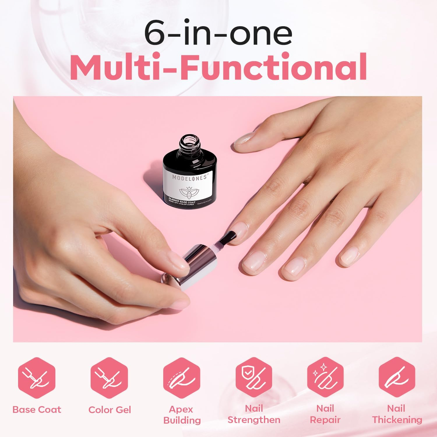 Modelones Builder Gel for Nails, Jelly Pink 6 in One Nude Rubber Base Coat Strengthen Apex Building Extension Long Lasting Protect Soak off U V Color Base Gel Manicure for Fragile Nails Art Home DIY