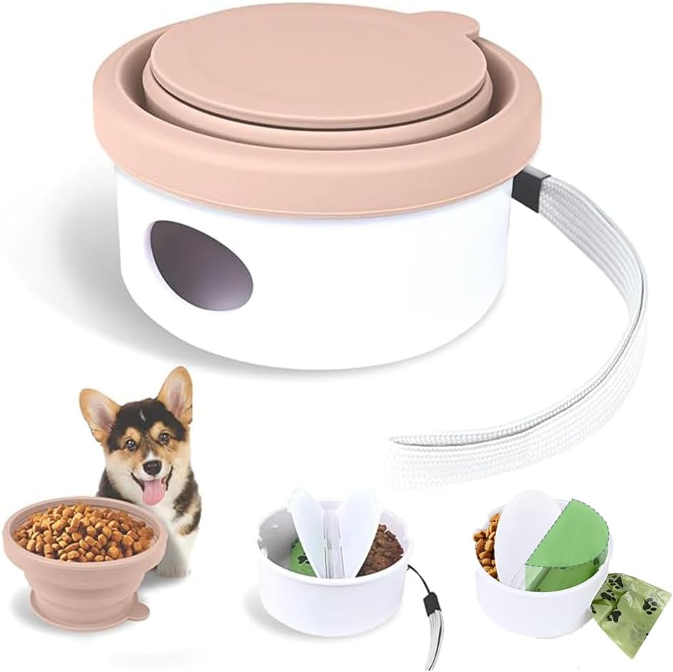 Dog Travel Bowls Collapsible 3 in 1 Design Dog Feeding Bowl Outdoor Traveling Cup Feeder Treat Container with Bowl&Dog Poop Bag Holder, Foldable Feeding Watering Dish for Walking Travel, Pink image number 4