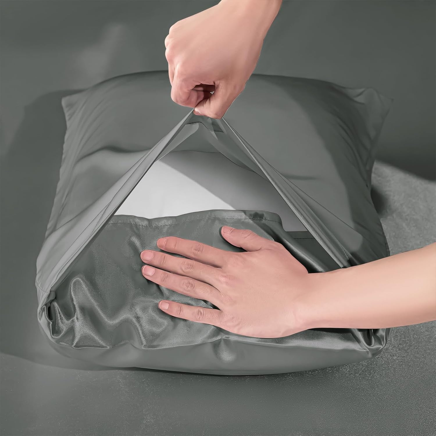 VACVELT 3-Piece Satin Fitted Sheet Set King Size, Grey Bottom Bed Sheet with 2 Pillowcases, Similar to Silk Sheets, Luxury & Silky Bedding Set, 15 Inch Deep Pocket image number 5