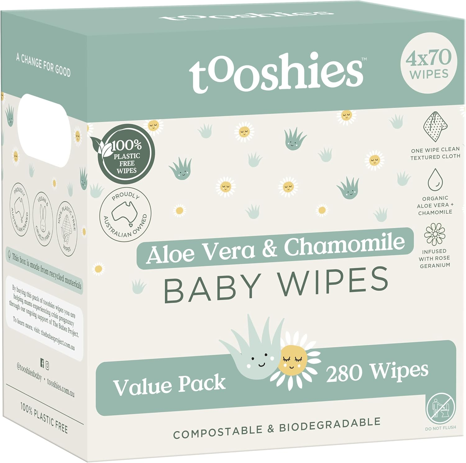 Tooshies Wipes | Aloe Vera & Chamomile | 100% Plastic Free | Biodegradable | Textured Cloth | 4 X 70Pk (Pack of 2) image number 4