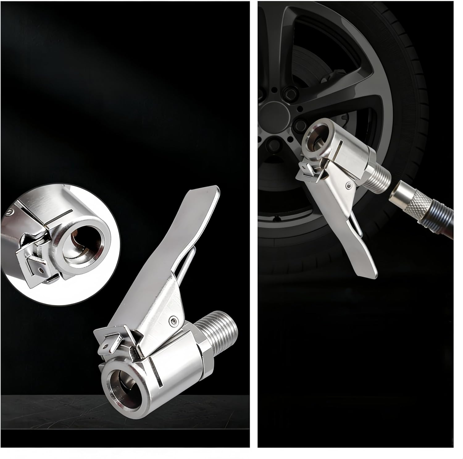 Tire Air Chuck with Clip Adapter, 2Pcs Locking Tire Inflation Chuck, Threaded Tire Inflation Hose Adapter, No Leakage Tire Chucks for Vehicle Inflator Compressor Pump Connect Accessories Tool image number 3