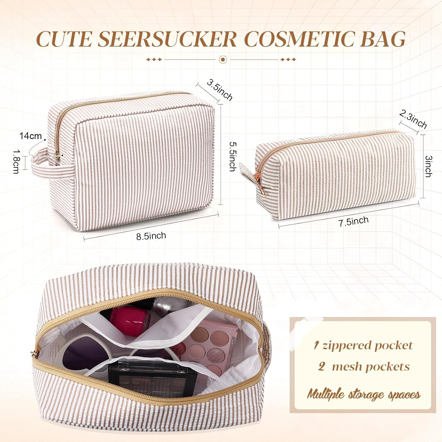 Sanwuta 2 Pcs Makeup Bag Set Seersucker Cosmetic Bag for Women Cute Stripe Travel Toiletry Organizer Aesthetic Preppy Storage Pouch for Girls Wedding Bridesmaid Valentine'S Day Gifts, Brown - Brown image number 1