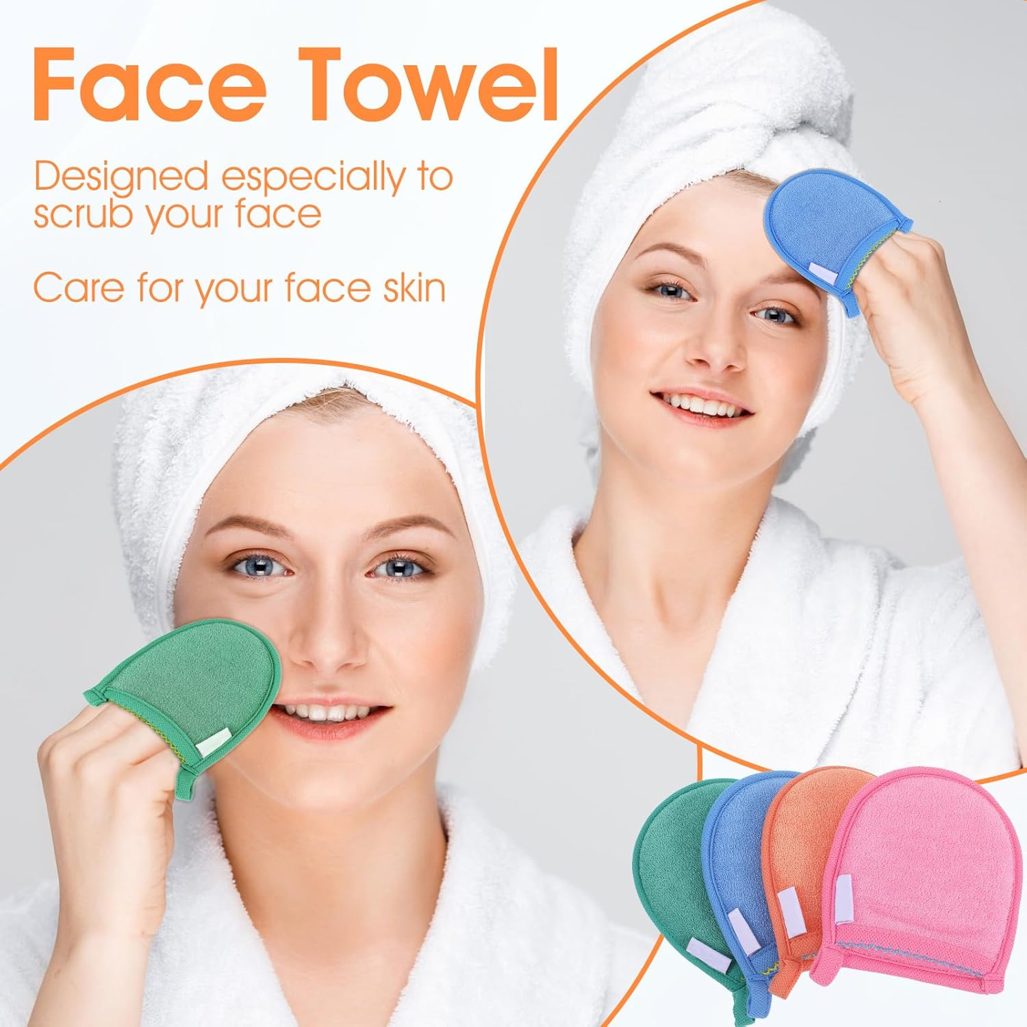 Ptwola 4 Pcs Exfoliating Facial Scrubber Mitt Face Cleanser Wash Mittens Exfoliator Deep Face Cleaning Polishing Gloves Body Skin Dead Dry Remover Pad Tool for Men Women Bath Shower Spa Skincare