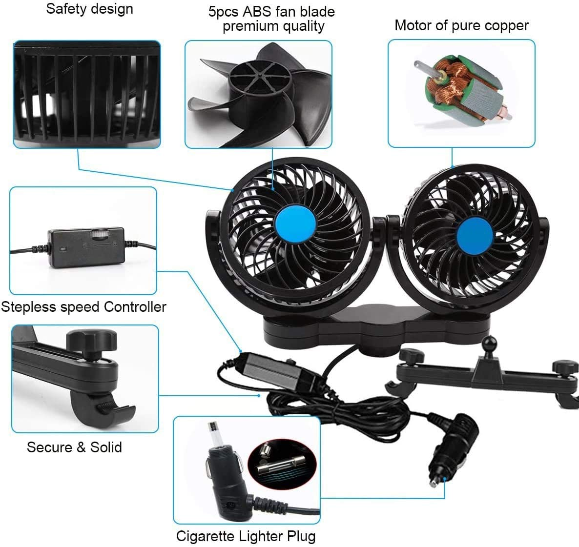 Electric Car Fans for Rear Seat Passenger Portable Car Seat Fan Headrest 360 Degree Rotatable Backseat Car Fan 12V Cooling Air Fan with Stepless Speed Regulation for SUV, RV, Vehicles