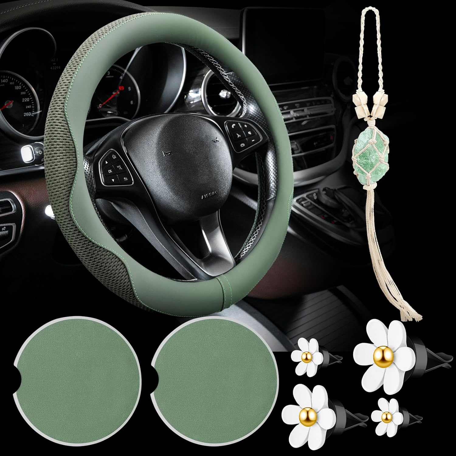 BBTO 4 Car Accessory Set, Steering Wheel Cover, Ceramic Coasters, Daisy Flower Clip Air Freshener, Crystal Hanging Ornament for Women(Sage Green) image number 5