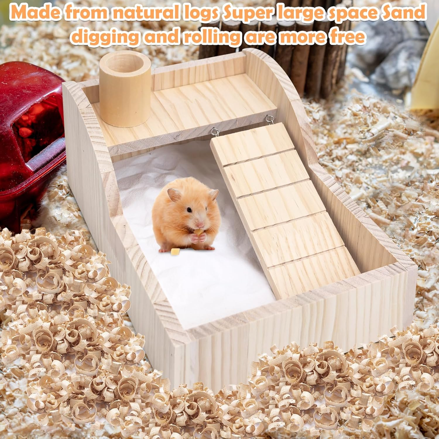 PINVNBY Hamster Sand Bath Box Wooden Shower Room Digging Sand Bathtub Container with Climbing Ladder Bowl Bathroom for Dwarf Syrian Mice Mouse Gerbils and Other Small Animals image number 5