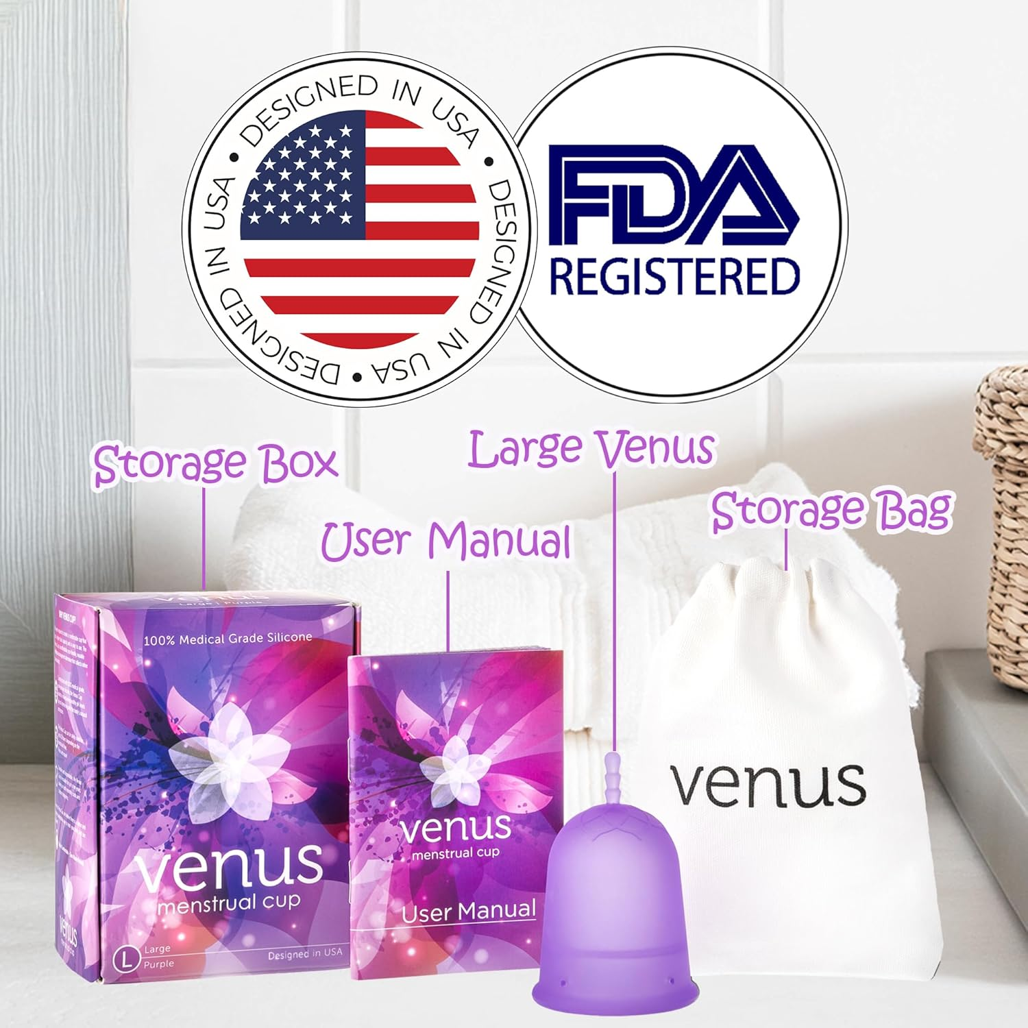 Venus Menstrual Cup - FDA Registered & 100% Medical Grade Silicone Reusable Period Cup - Unique Design to Ease Your Period Cycle - Large Capacity for Heavy Flow - Made in USA - Size Large - Purple image number 3