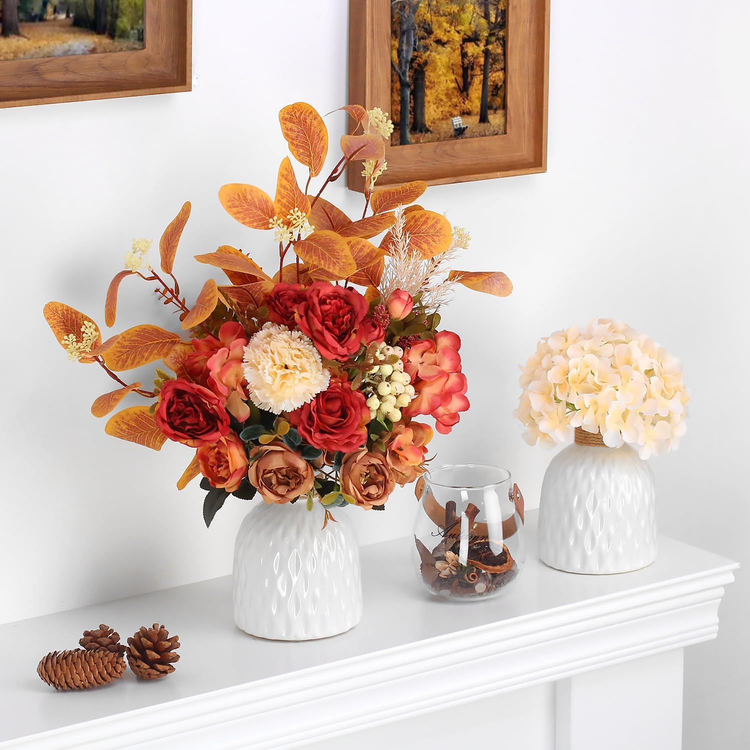 Artificial Fall Floral Arrangement with Orange Leaves and Red Roses in White Ceramic Vase, Autumn Home Decor (Orange Leaves + Ceramic Vase) - Orange Leaves + Ceramic Vase image number 6
