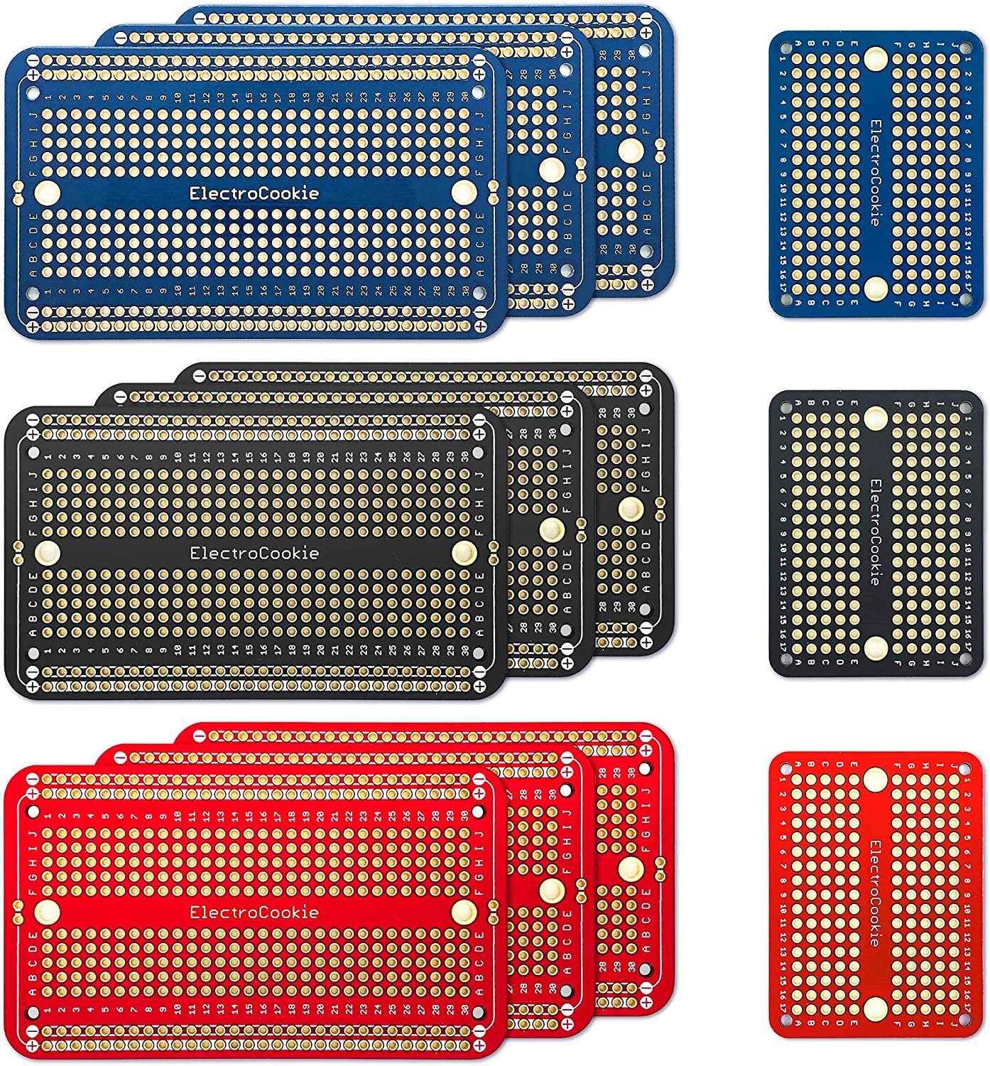 Electrocookie Solderable Breadboard PCB Board for Electronics Projects Compatible for DIY Arduino Soldering Projects, Gold-Plated (9 Pack + 3 Mini, Multicolor Pack) image number 5
