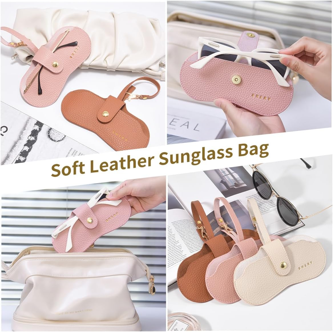 3 Pack Soft Leather Sunglasses Bag, Portable Eyeglass Case Holder Slim Glasses Pouch with Button Clip Wrist Strap, Eyewear Sleeve for Women Men (Beige, Pink, Brown) image number 5