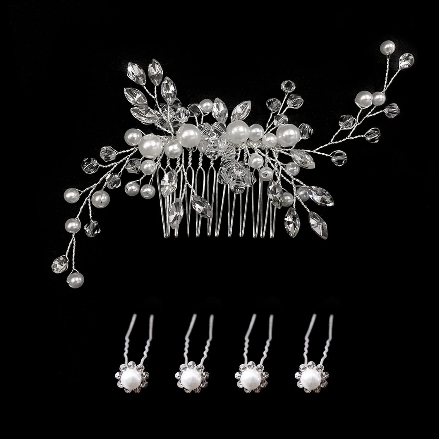 1 Pack Pearl Flower Hair Clips with 4 Rhinestone Pearl Hairpins U Shaped Hair Pins for Women Girls Bridesmaids Wedding Hair Accessories image number 2