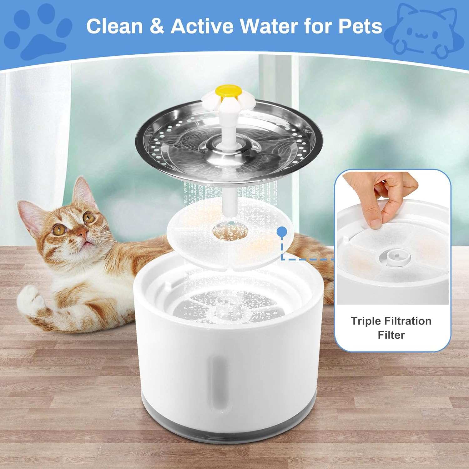 Pack of 6 Cat Fountain Replacement Filters, Feriva Replacement Filter for 2.0-2.5 L Flowers Cat Fountain, Triple Action Pet Water Fountain Filter, Replacement Filter for Drinking Fountain Cats (12.7 image number 3