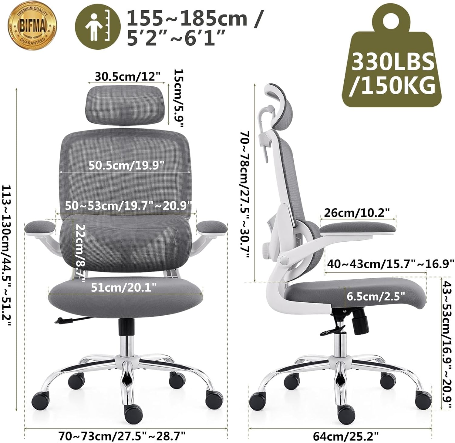 TONFARY Ergonomic Home Office Chair, High Back Mesh Desk Chair with Adjustable Lumbar Support, Flip-Up Armrest, Removable Headrest, Swivel Computer Gaming Chair, Space Saving, 150KG (White+Grey) - Black image number 7