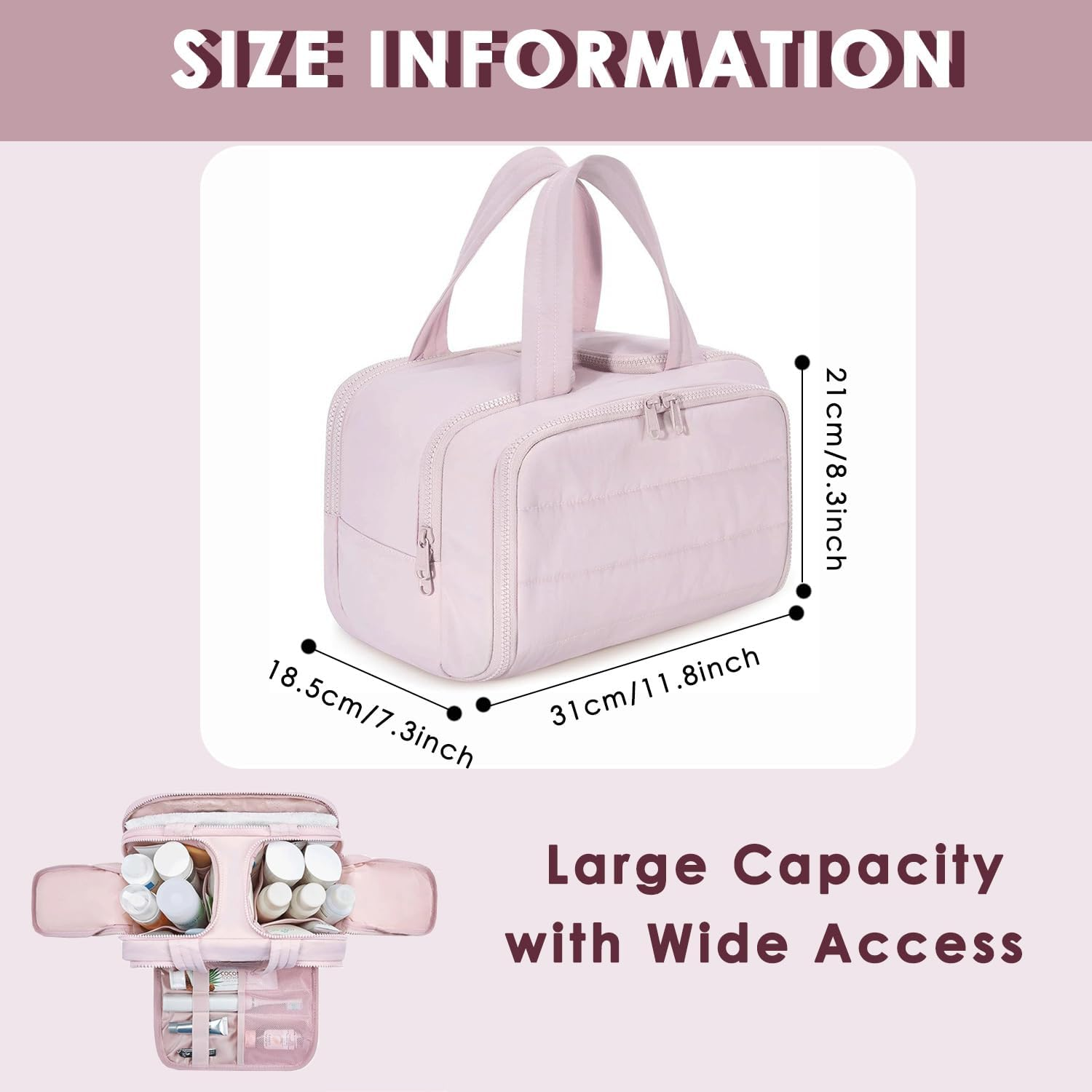 Travel Toiletry Bag, Puff Large Capacity Cosmetic Bag, Lightweight Wide Open Travel Bag for Women, Makeup Toiletry Bag Organizer with Handle for Accessories,Essentials. (Pink)