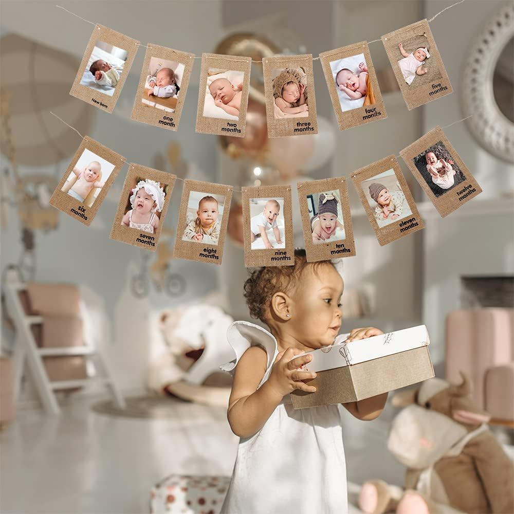 1St Baby Birthday Photo Banner from Newborn to 12 Months, Monthly Milestone Photograph Rustic Bunting Garland for Baby First Birthday Decoration by Ucity