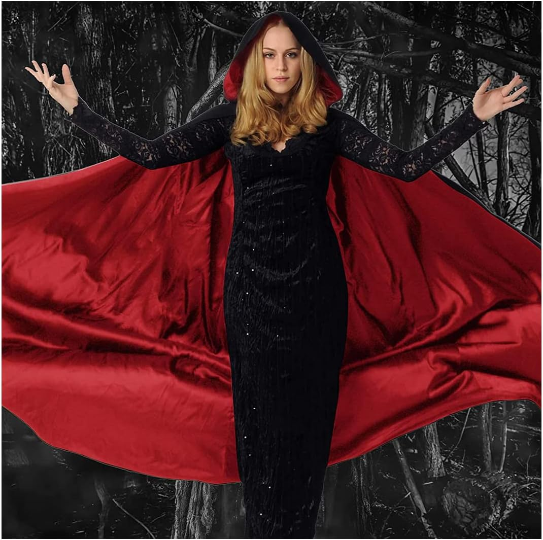 Halloween Vampire Cloak W/T Cross Necklace Black & Red Reversible Hooded Witch Cape Adult Youth Wizard Witch Vampire