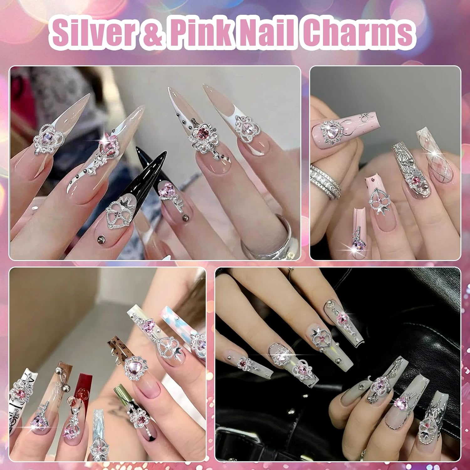 Nail Charms for Acrylic Nails - Madenia 30PCS Y2K 3D Silver Nail Charms and Gems for Nail Art, Hearts Nail Rhinestones Accessories Suitable for Manicure DIY Nail Art Decorations, Silver & Pink image number 1