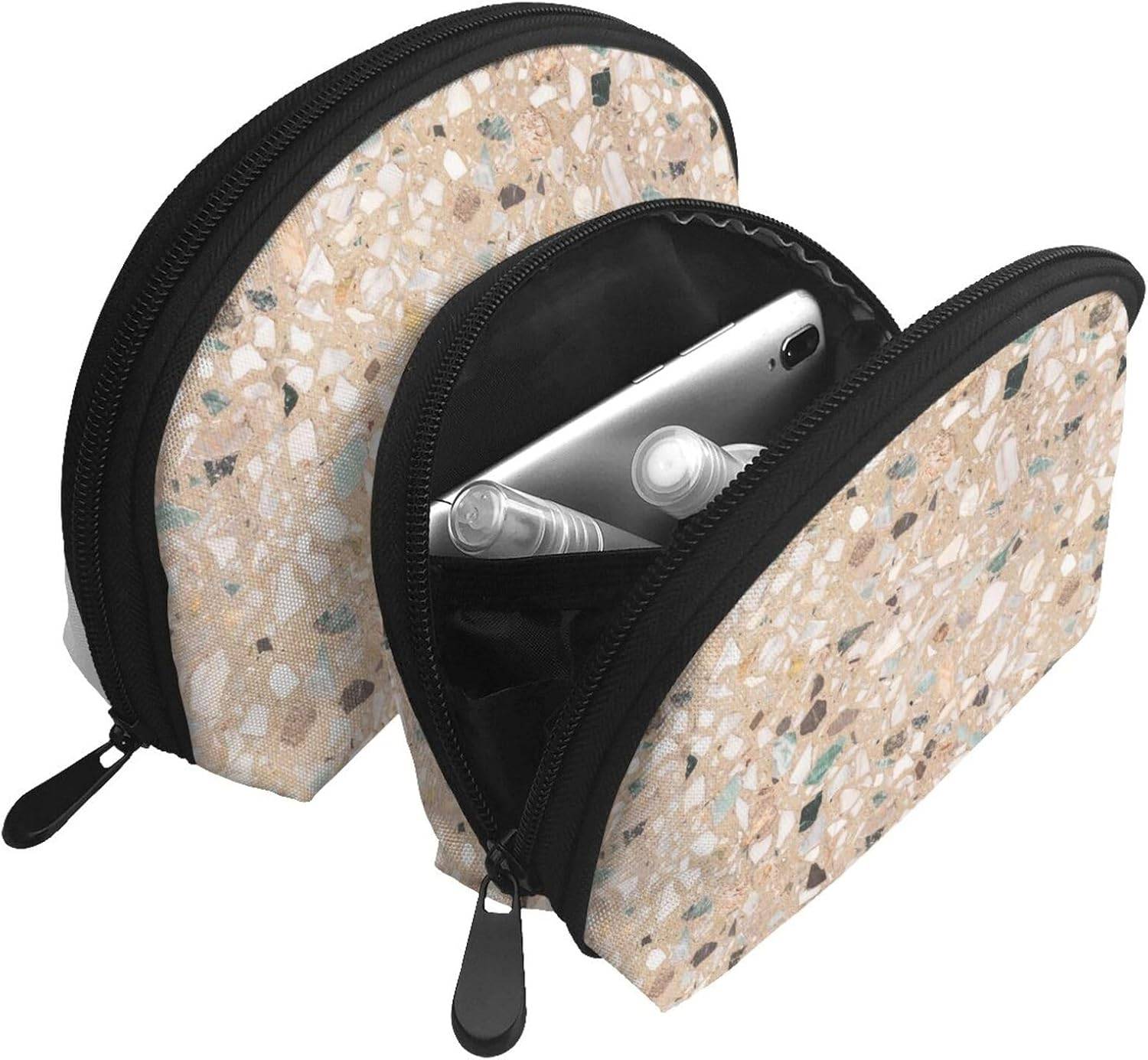 Cozimangoe Coin Pouch Makeup Bags Set, 2 Piece Shell Shape Cosmetic Bag with Pockets for Daily Travel Handbag Lipstick Keys Toiletry, Personalized Terrazzo Natural Stone image number 3