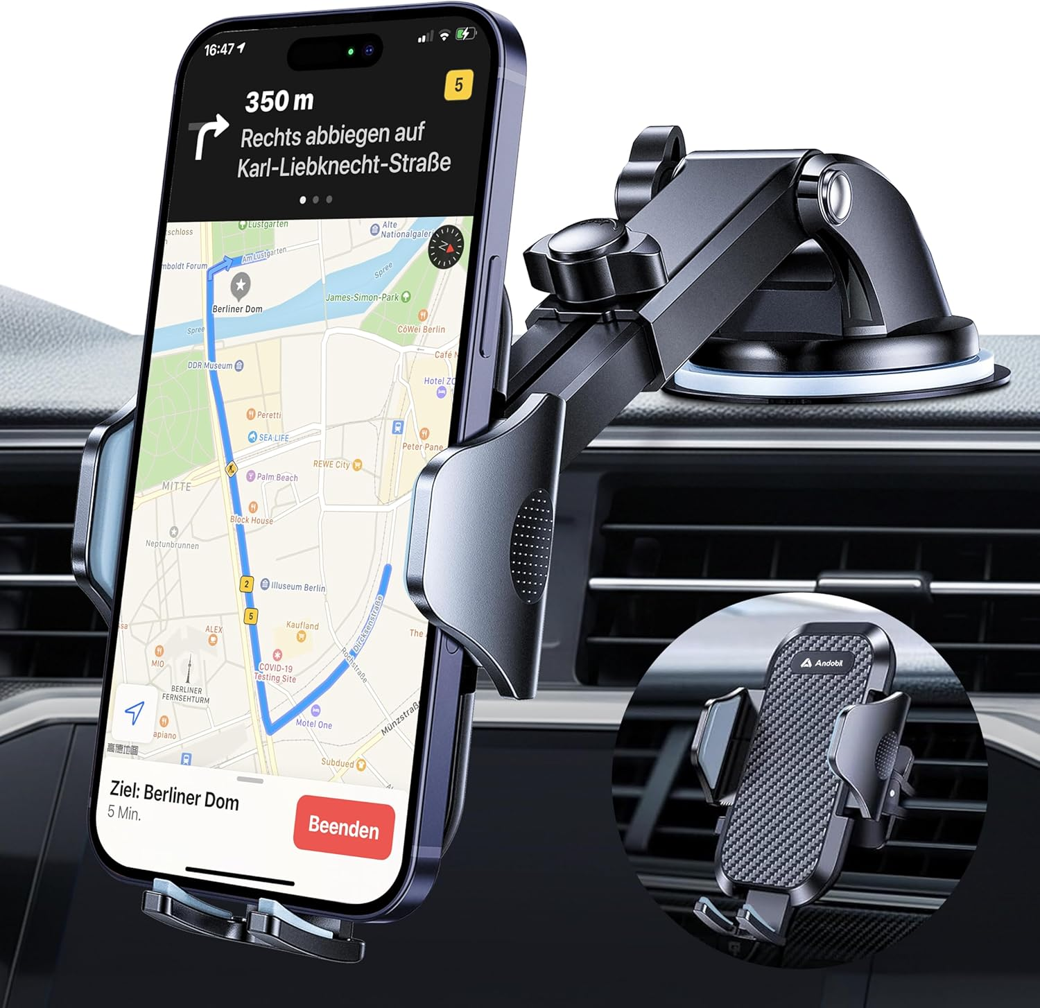 Andobil Car Phone Holder, [Ultra Stable] Hands Free Phone Mount for Dashboard, Windscreen, Air Vent, Desk, Universal Phone Stand Compatible with Iphone 12, 11, XR, XS, SE, Samsung Galaxy S20, Note 22 image number 6