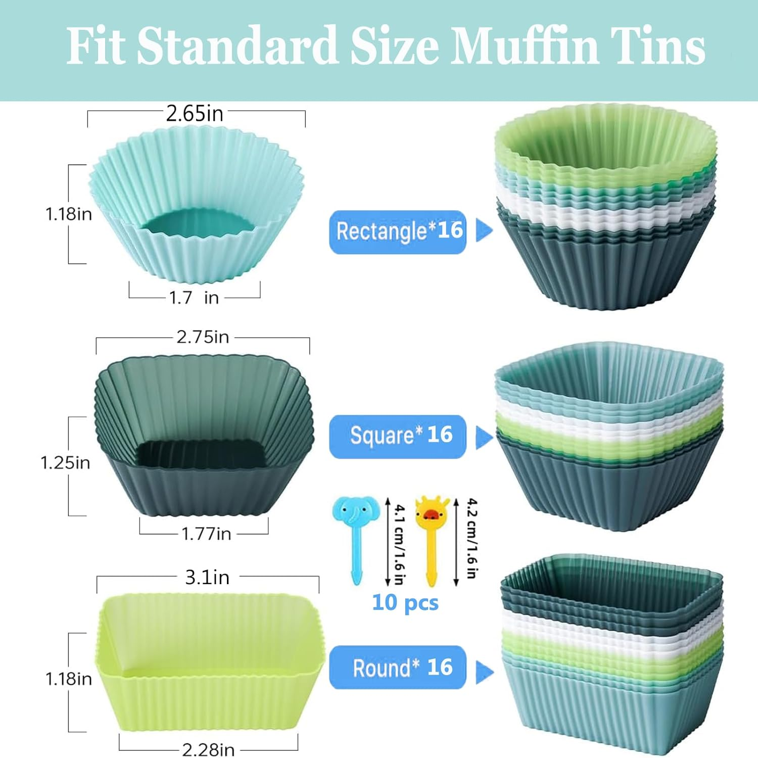 Silicone Cupcake Liners, 48 Pack Reusable Baking Cups, Non-Stick, Heat-Resistant, Round, Square, Rectangular, Green, Perfect for Birthdays, Baby Showers, Social Occasions image number 5