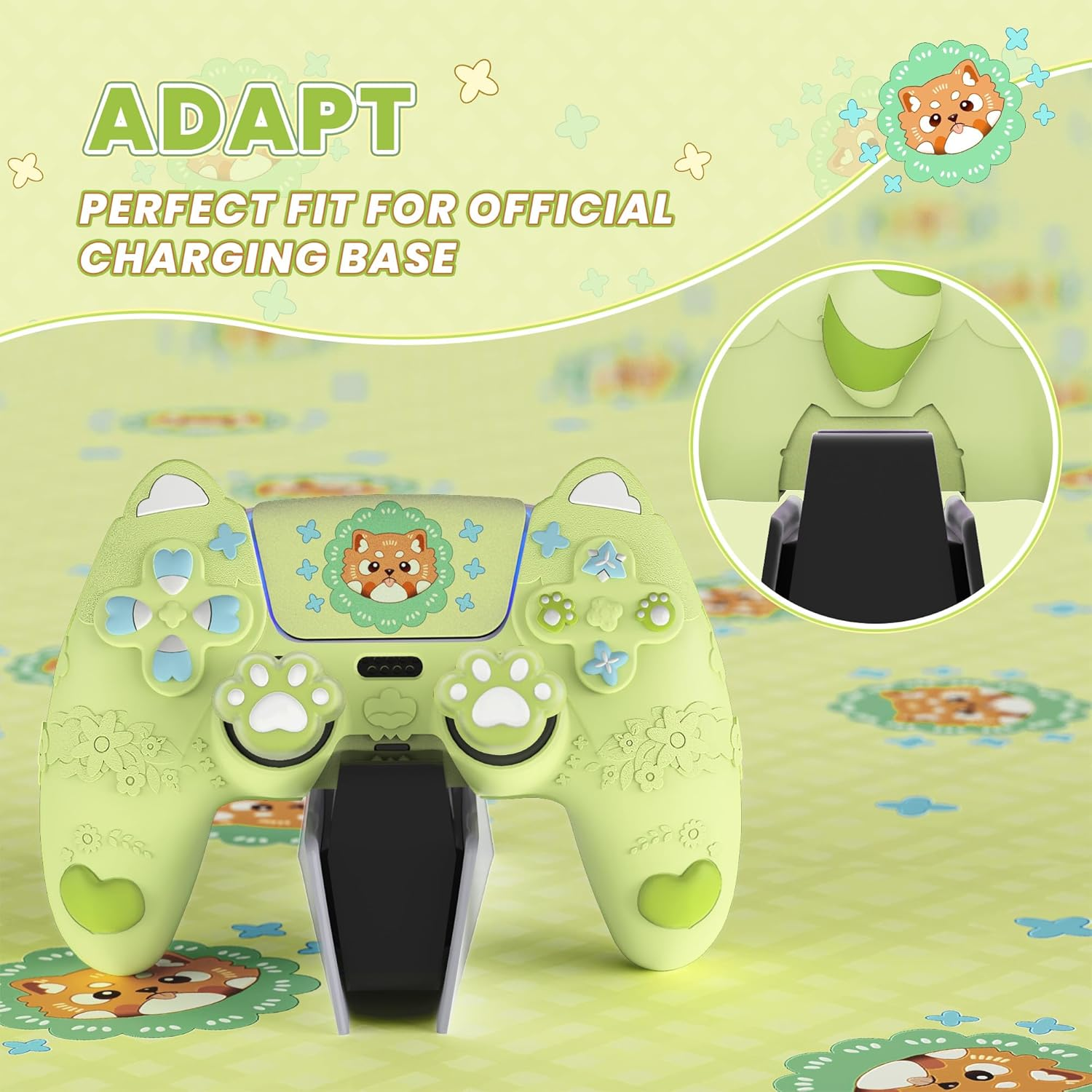 Playvital Cute Spring Lesser Panda Silicone Cover for Ps5 Controller with Joystick Cap and Sticker, Anti-Grip Shockproof Skin, Compatible with Charging Station, Eustoma Green