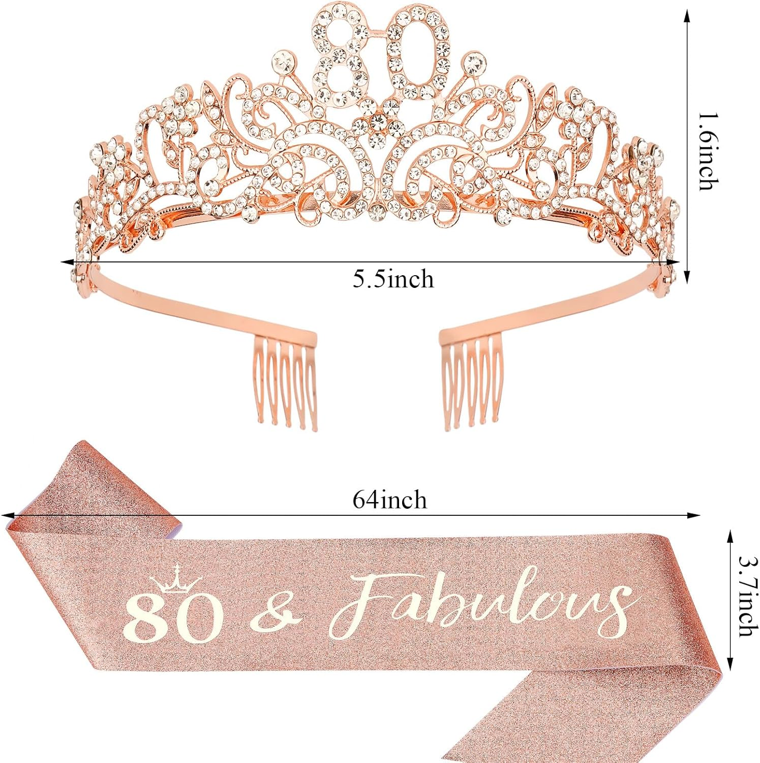 Exipsat Birthday Crown Sash 80 Birthday Woman 80 and Fabulous Sash and Rhinestone Tiara Set, 80Th Birthday Tiara, Birthday Sash for Women, Rose Gold Birthday Party Supplies image number 5