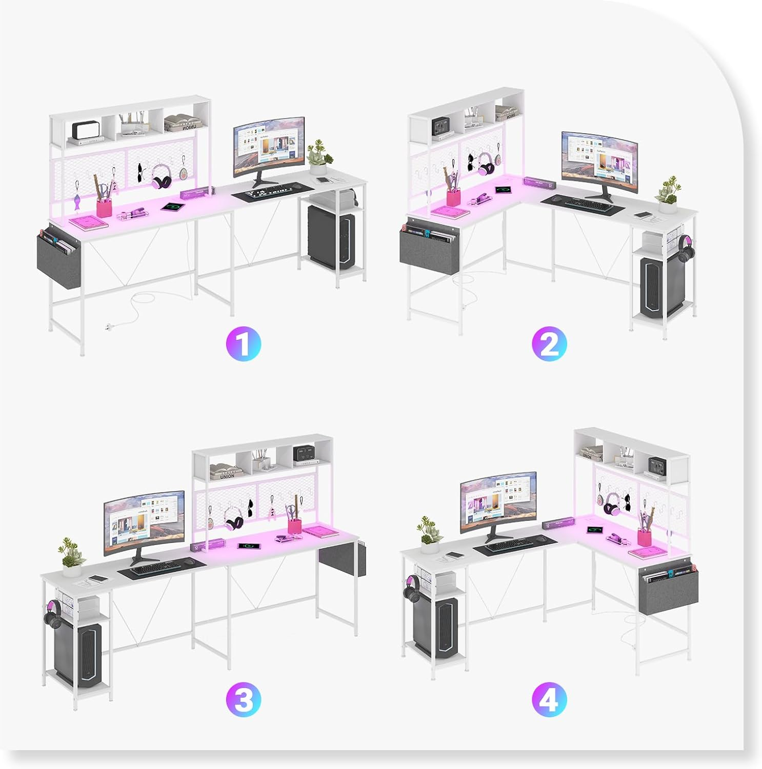 Advwin 170Cm L Shaped Gaming Desk with LED Lights & Power Outlets Reversible Computer Desk with Storage Shelf Corner Desk 2 Person Gaming Table with Pegboard and Storage Shelves White - White image number 3