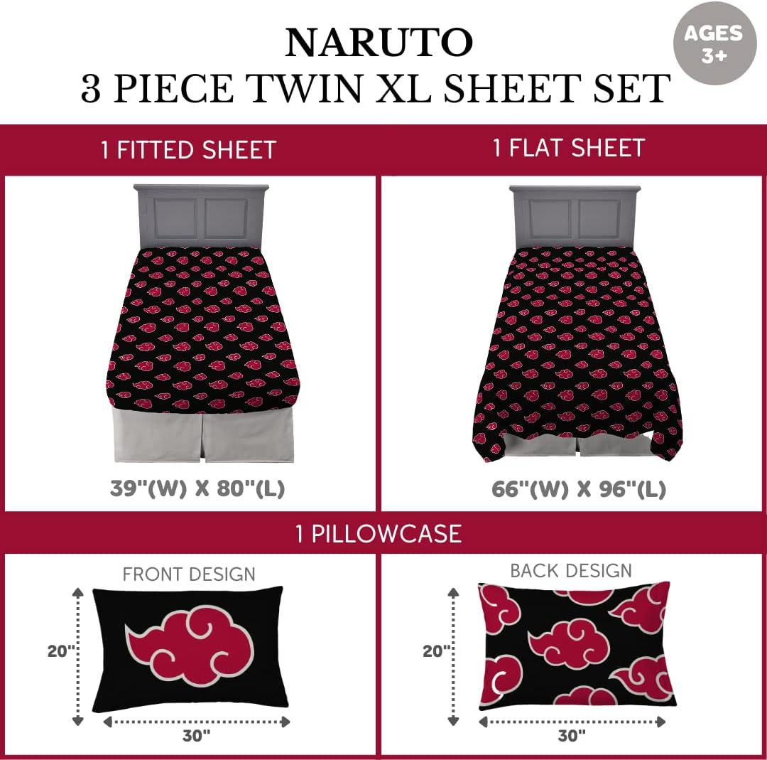 Franco Naruto Akatsuki Anime Bedding Super Soft Microfiber Twin XL Sheet Set, (Official Licensed Naruto Product) image number 3