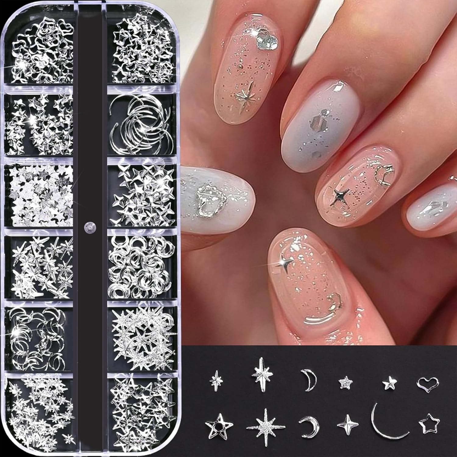 Yeanifeana 2 Boxes Nail Charms, Gold Silver Star Moon Sun Nail Jewelry Decorations, Nail Art Rhinestones for Women Girls DIY Manicure Crafting Decoration image number 1